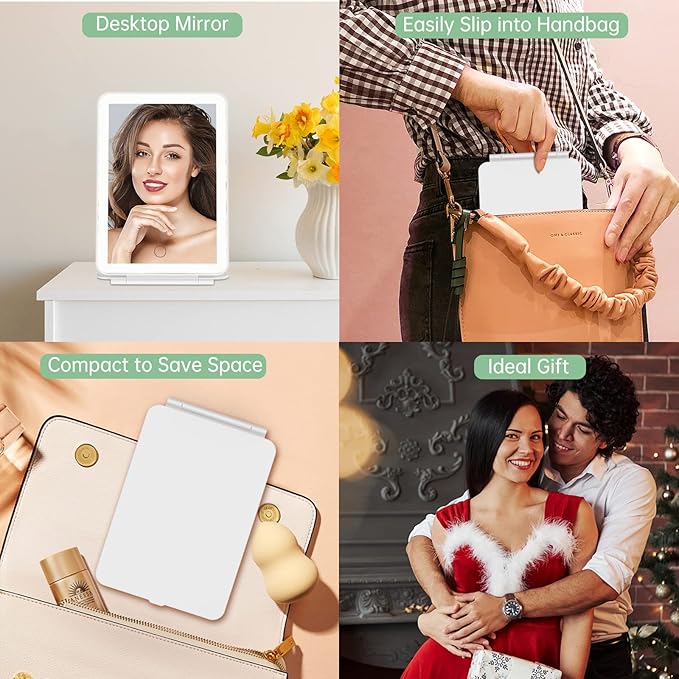 FUNTOUCH Rechargeable Portable Makeup Mirror with 72 LED Lights, Travel Lighted 1X/5X Magnification, 3 Color Lighting,Dimmable Touch Screen, Tabletop Folding Cosmetic Lights