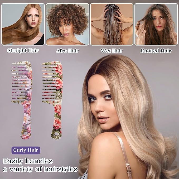 2PCS Wide Tooth Comb,Effortless Tangle Removal for Long Hair Styling Comb for Curly,Wet,Cute Aesthetic Design for Women Men and Girls(Purple-Flower-09)