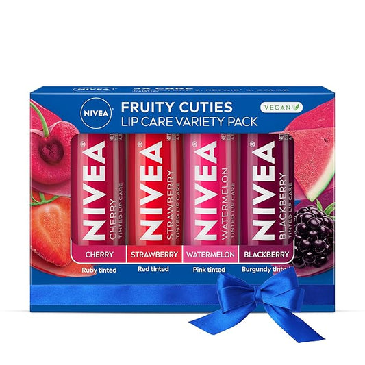 NIVEA Lip Care, Fruity Tinted Lip Balm Variety Pack, Holiday Lip Balm Gifts for Her, With Cherry, Strawberry, Blackberry and Watermelon Flavors, 0.17 Oz Stick, Pack of 4