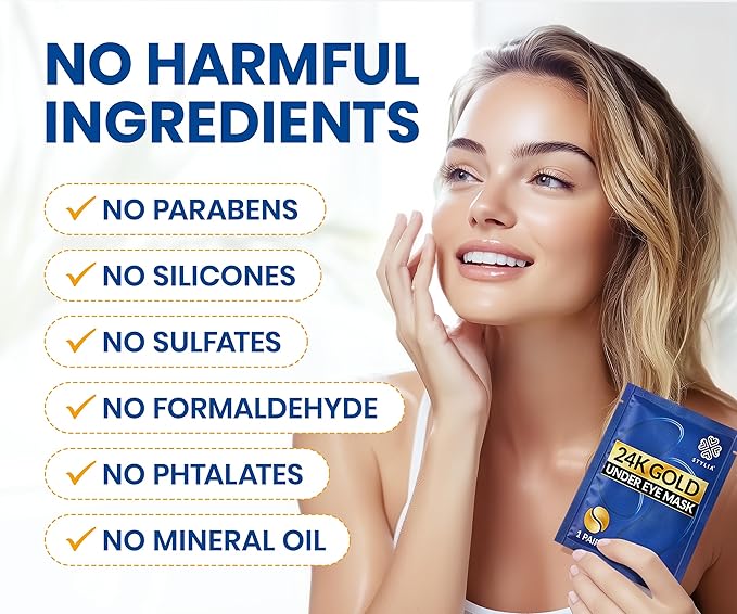 Stylia Under Eye Patches for Puffy Eyes and Dark Circles (30 Pairs) - 24k Gold Under Eye Mask with Vitamin C, Hyaluronic Acid, Pearl Extract - Eye Masks for Dark Circles and Puffiness