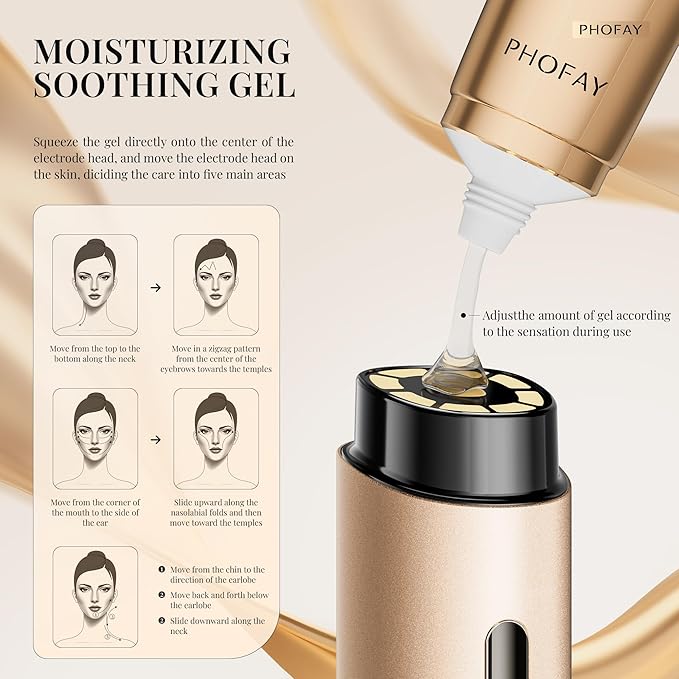 PHOFAY 3-in-1 Facial Device, 1.4oz Matching Gel. Multi Functional Beauty Device, Lifting, Firming, Puffiness Reduction and Promote Absorption & Soothing Care Calm Skin, Youthful Glow (Golden)