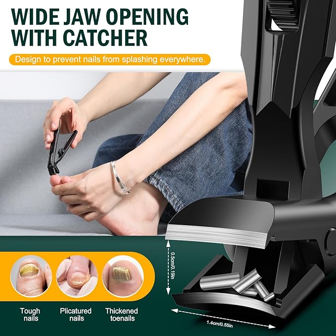 FVION Ergonomic Angled Toenail Clippers for Thick Nails – Long Handle Nail Cutter with Lock & Catcher, Stainless Steel Clippers for Seniors, Men & Women （Black）