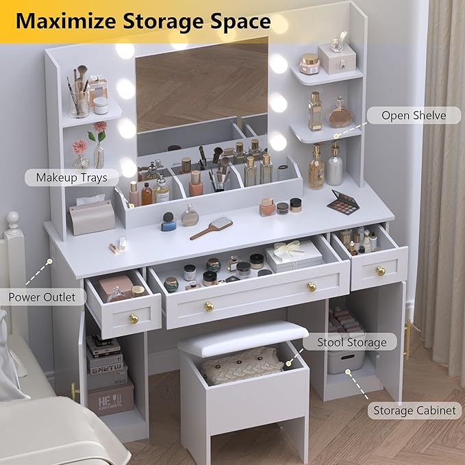 Vanity Desk with Mirror & Lights, Makeup Vanity Table with Charging Station, 3 Lighting Modes, Large Storage Space with Drawers and Shelves, Elegant White Vanity Set for Bedroom Dressing Room