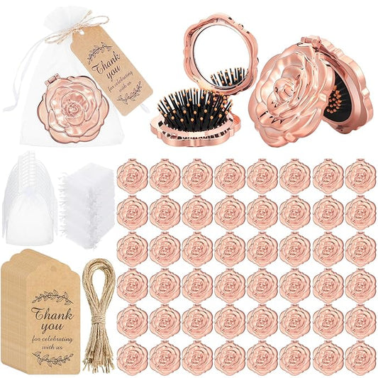 50 Sets Rose Compact Mirrors Brush Bulk Quinceanera Wedding Party Favors for Guests Rose Makeup Mirror with Thank You Tag Twine and Organza Bag for Bridal Shower Souvenir Gift