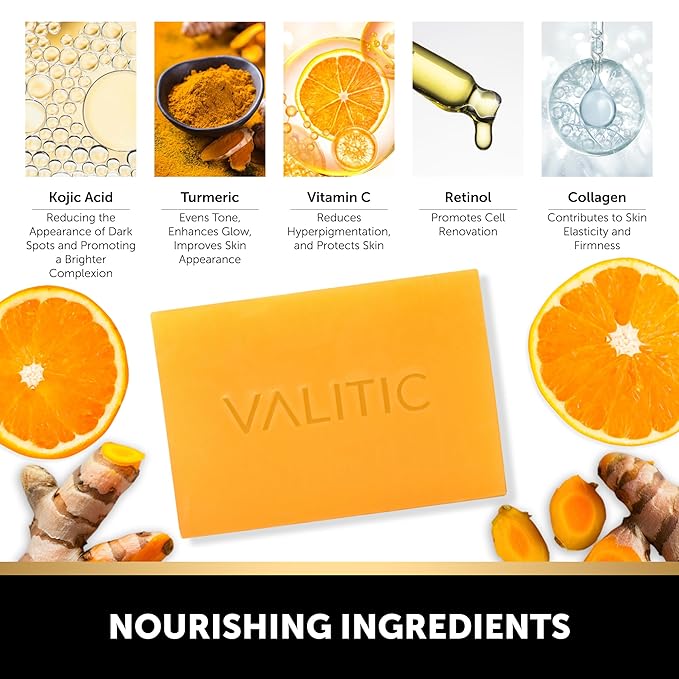 VALITIC Kojic Acid Vitamin C and Retinol Soap Bars with Turmeric for Dark Spot - Original Japanese Complex Infused with Collagen, Hyaluronic Acid, and Vitamin E (3 Pack)