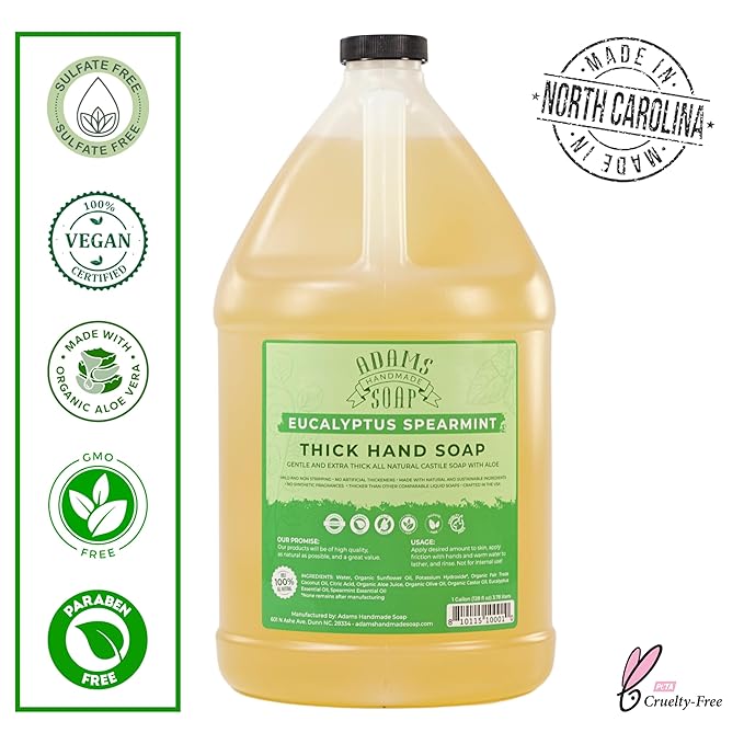 Adams Handmade Soap Liquid Organic Castile Thick Hand Soap 1 Gallon - Eucalyptus Spearmint
