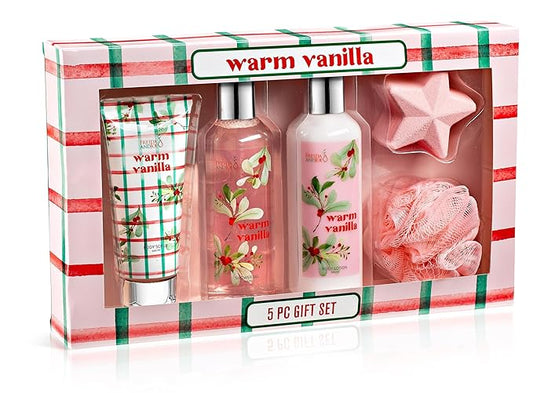 Freida & Joe Fragrance Bath & Body Collection Gift Box, Includes Shower Gel, Body Lotion, Body Scrub, Bath Bomb & Sponge (Warm Vanilla - Pink)