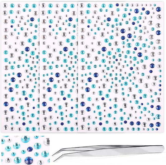 Self Adhesive Face Gems and Pearls for Makeup, Festival Jewels, Hair Gems, Rhinestone Stickers for Face, Eye, Makeup, Nail, Body, Crafts 3/4/5/6 mm 975Pcs (24.gem_mixblue)