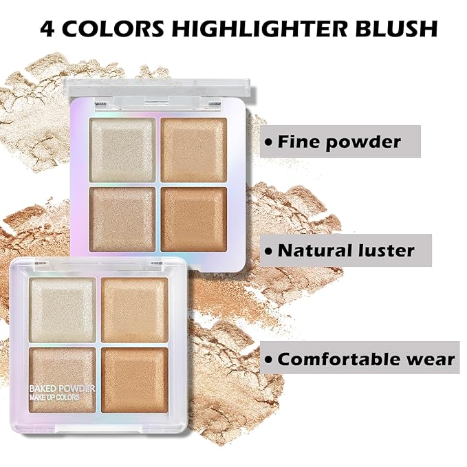 Boobeen Blush and Highlighter Palette- 4-color Metallic Shimmer Shadow Powder, Illuminator Makeup Set for Shading, Highlighting & Defining the Face