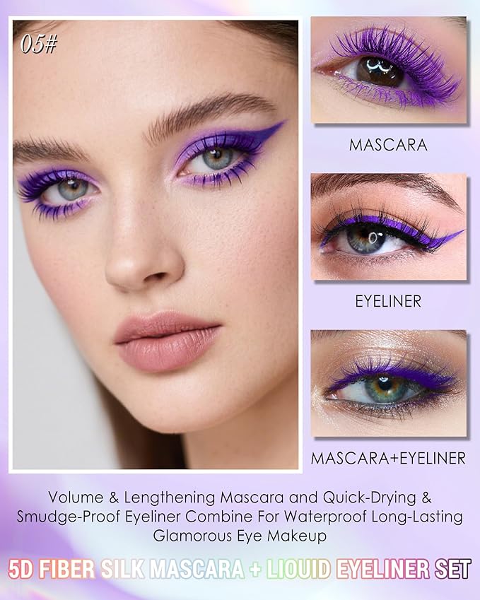 Purple Mascara Liquid Eyeliner Set, Update Longlasting Waterproof Color Eye Liner Pen, 5D Silk Fiber Colored Mascara Volume and Length, Christmas Party Stage Use Eye Makeup Gift Kit for Women Girl-05