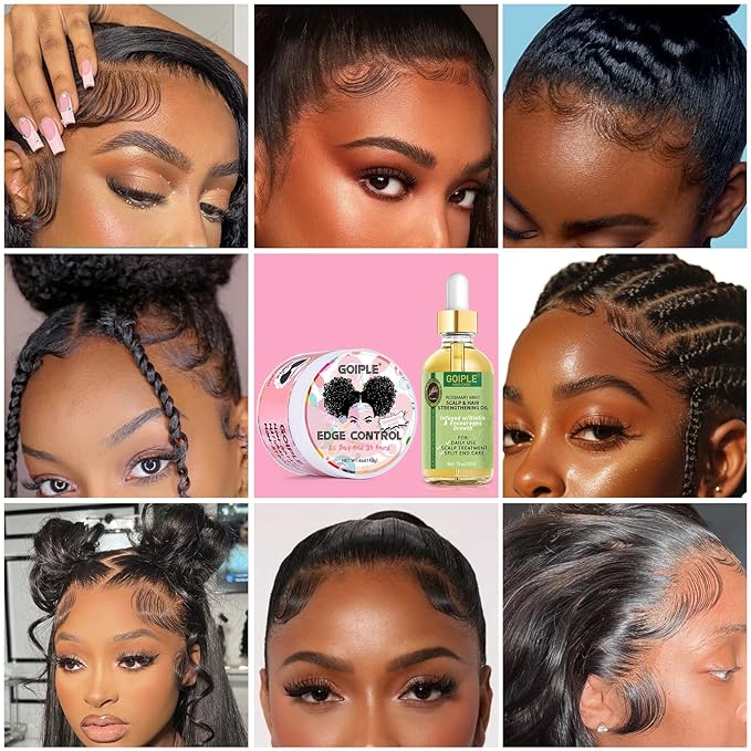 Edge Control Wax Strong Hold Non-greasy Hair Styling Gel - Edge Wax No Flaking Edge Control for Black Hair Edge Wax for Women Rosemary Hair Oil for Hair Growth Edge Brush Hair Braid Bonnet(7pcs)