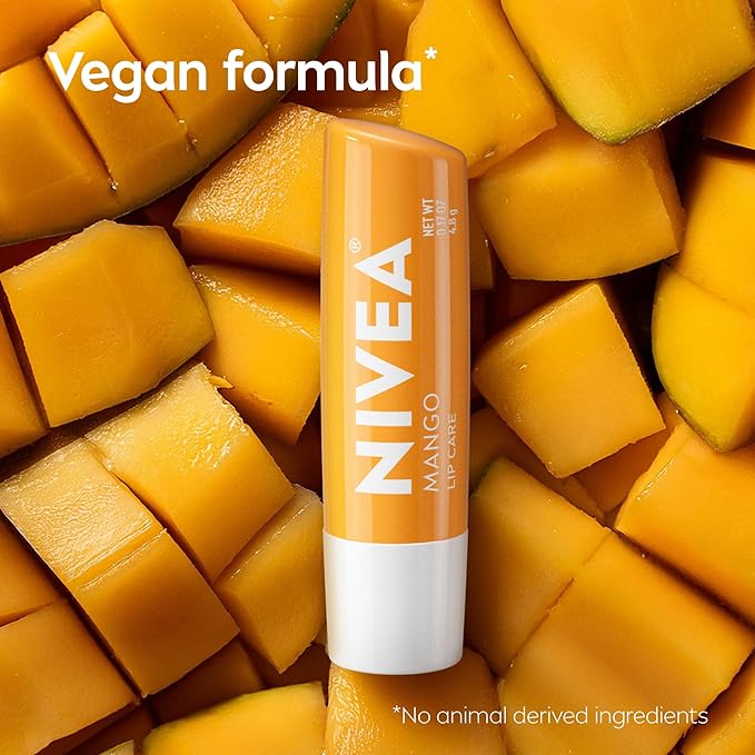 NIVEA Mango Lip Care, Vegan Lip Balm Pack with Shea Butter, Nourishing Oils and Vitamin C & E, 3-in-1 Moisturize, Repair and Protect, 0.17 Oz Stick, Pack of 4
