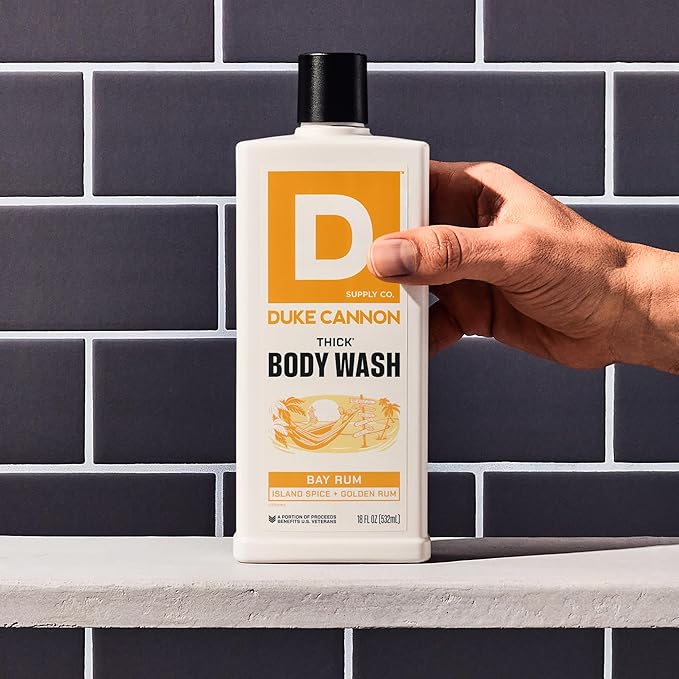 Duke Cannon Supply Co. Thick High Viscosity Body Wash - 3X Thicker, Cleansing Shower and Bath Gel, Mineral-Enriched Body Wash for Men - Island Spice And Golden Rum - Mens Body Scrub - Bay Rum (18 oz)