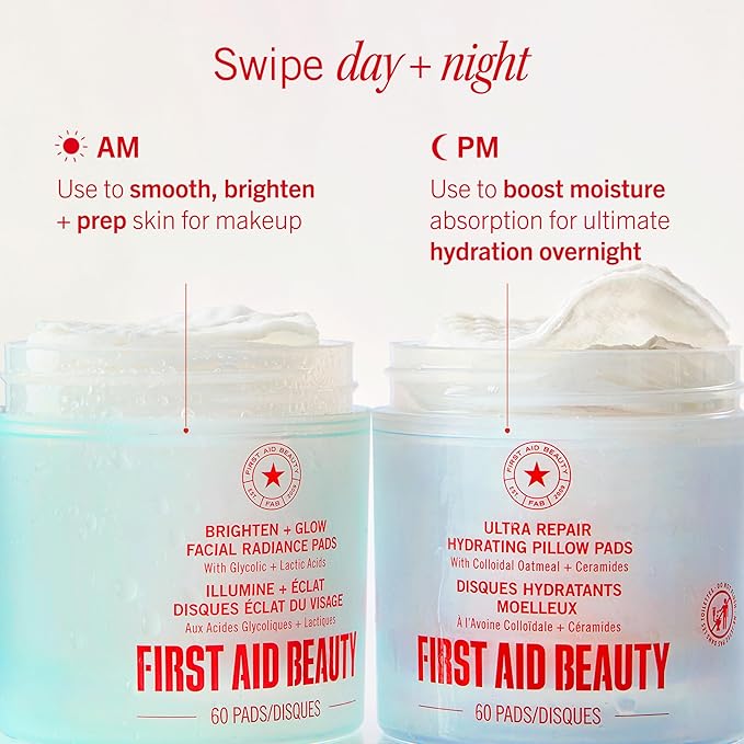 First Aid Beauty - Facial Radiance Pads with Glycolic & Lactic Acids, Daily Exfoliating Pads with AHA, Visibly Smaller Pores, Help Tone & Brighten Skin, One-Step Makeup Prep, Compostable, 60ct