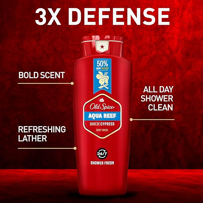 Old Spice Refreshing Body Wash for Men, 3X Defense, 24/7 Shower Fresh with Long Lasting Scent, Red Collection, Aqua Reef with Cypress Scent, 24 oz