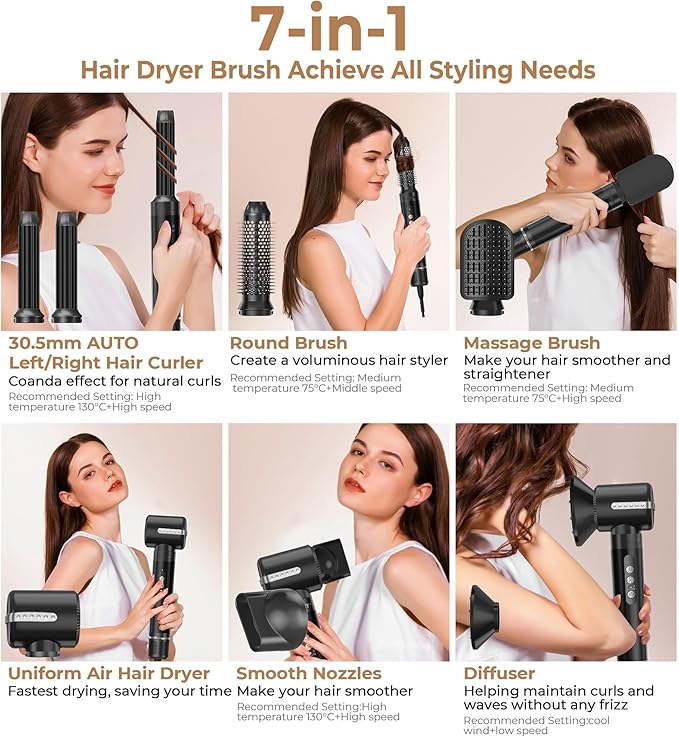 7 in ONE Hair Dryer Brush, Powerful Blow Dryer Brush with Air Curler for Hair, Brush Blow Dryer with Diffuser, Ionic Hot Air Brush Fast Dry, Volumize, Curls, Straight, Hair Styling Tools 100-120V