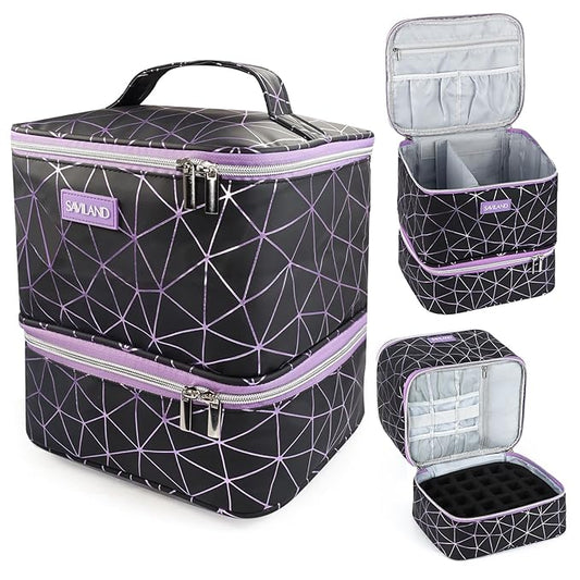 SAVILAND Nail Polish Organizer Bag: PU Leather Nail Kit Organizer Holds 30 Bottles & Nail Lamp, Black Nail Supply Organizer Nail Polish Carrying Case Gel Nail Organizers and Storage Box for Nail Tech