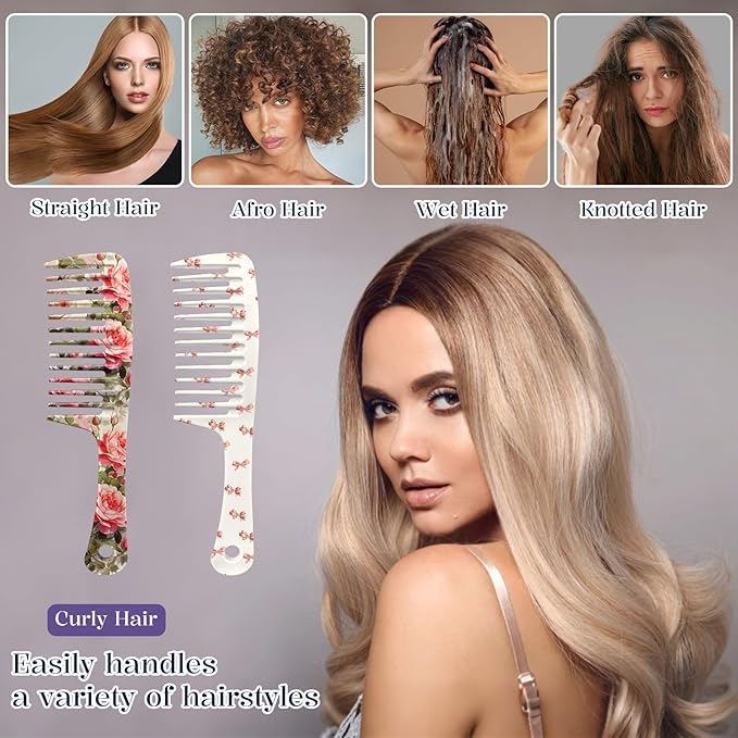 2PCS Wide Tooth Comb,Effortless Tangle Removal for Long Hair Styling Comb for Curly,Wet,Cute Aesthetic Design for Women Men and Girls(Pink-Flower Bow-01)