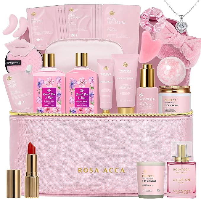 25 Pcs Valentines Day Gifts for Women, Luxury Rose Bath & Body Gift Set, Hydrating Skin Care Kit, Self Care Gifts, Cosmetic Bag, Necklace, Christmas, Birthday, Mothers Day, Anniversary