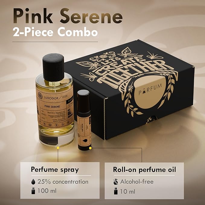 Pink Serene Perfume for Women, Inspired by D.ior's Addict, 2-Piece Combo of 100 ml Fragrance Spray Bottle and 10 ml Alcohol-Free Roll-On Perfume Oil, Vegan, Paraben-Free Cologne