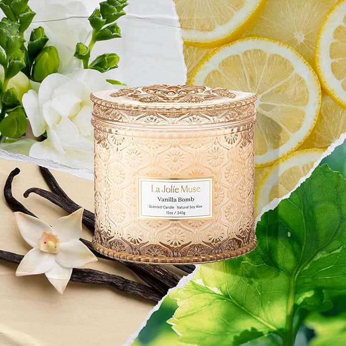 LA JOLIE MUSE Vanilla Bomb Candle | Lemon Zest, Fressia & Patchouli | 12 oz Large 2-Wick Soy Wax Candle | 60 Hours Clean Burn | Gift-Ready for Hosts | Elegant Home Décor