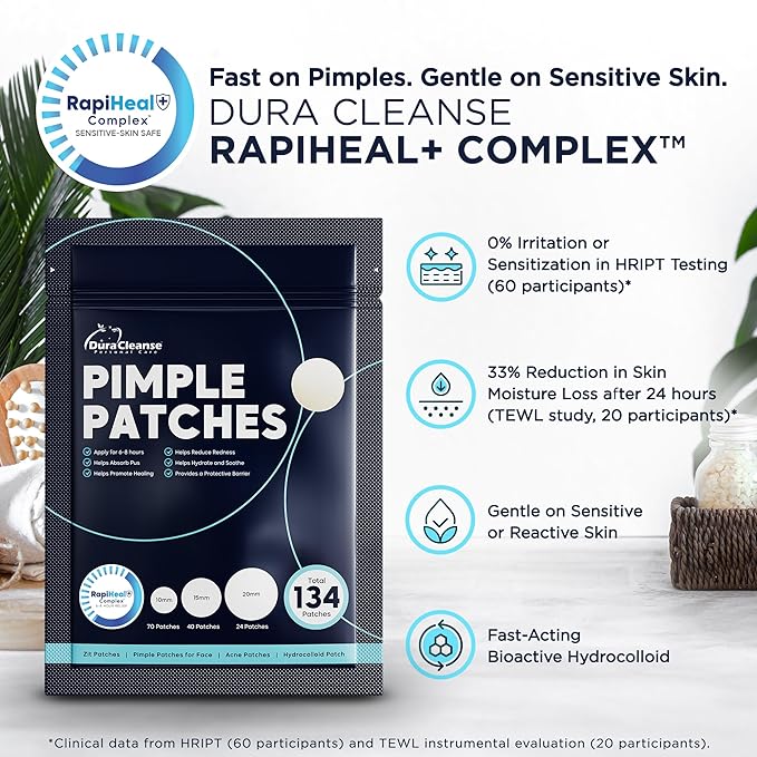 Pimple Patches for Face - 134 Count Hydrocolloid Acne Patches - Zit, Blemish, Cystic Acne Dots & Dark Spot Treatment - Invisible Clear Pimple Patch Stickers for Forehead, Chin, Nose, 3 Sizes (S, M, L)