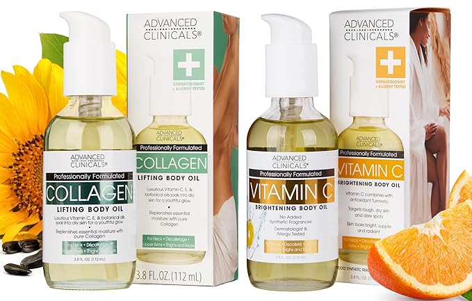 Advanced Clinicals Collagen Body Oil + Vitamin C Brightening Body Oil Moisturizer 2pc Skincare Set - Nourishing, Brightening, & Firming Massage Oil To Improve Look Of Crepe Skin + Dark Spots, 2PC Set
