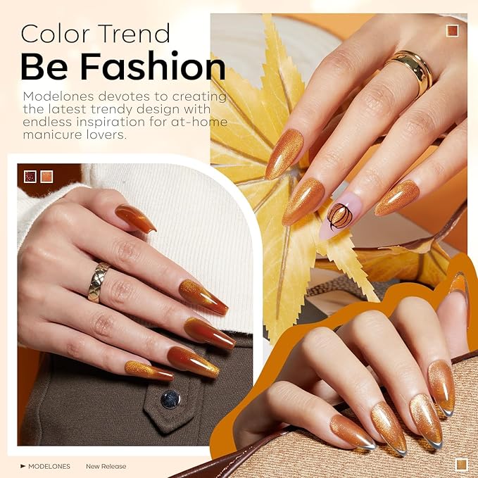 modelones Cat Eye Fall Gel Nail Polish Set 6 Colors Yellow Gold Orange Brown Nude Glitter 9D Cat Eye Gel Polish Maple Gel Polish with Magnet Soak Off Led Nail Art DIY Salon Gifts For Women