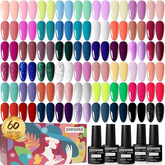 JODSONE 60 PCS Gel Nail Polish Starter Kit 55 Color Combination of Light and Dark Colors Emerald Green Klein Blue Soak off No Wipe Base Coat Matte and Glossy Top Coat Nail Gel Kit