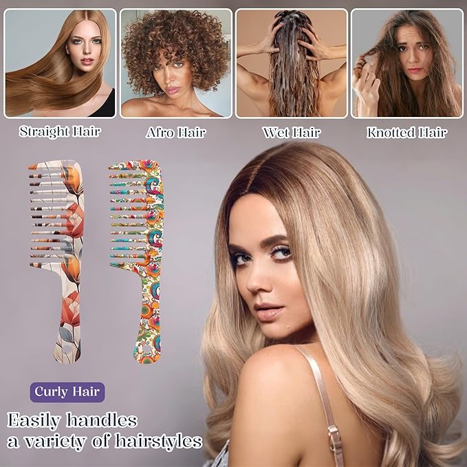 2PCS Wide Tooth Comb,Effortless Tangle Removal for Long Hair Styling Comb for Curly,Wet,Cute Aesthetic Design for Women Men and Girls(Orange-Flower-11)