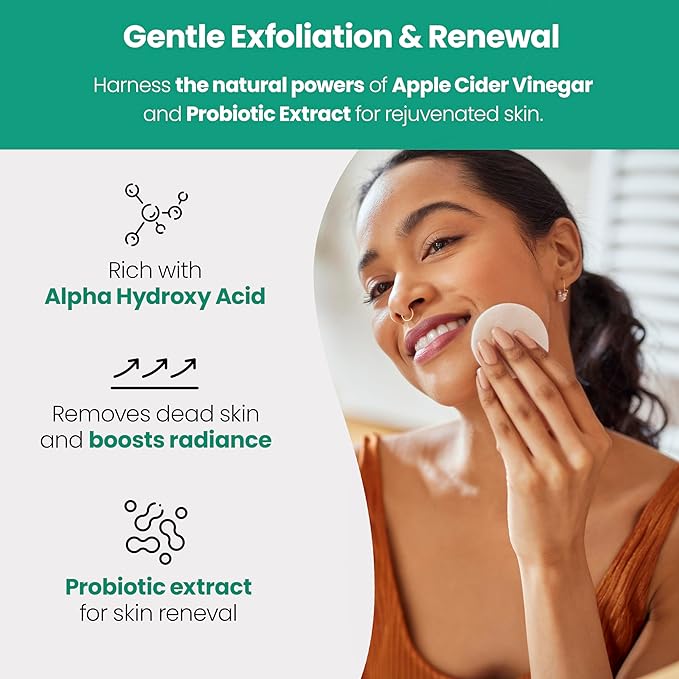 Apple Cider Vinegar Face Toner Pads - Exfoliating & Hydrating Toner for All Skin Types, Probiotic Extract, Aloe, Green Tea - Pack of 2