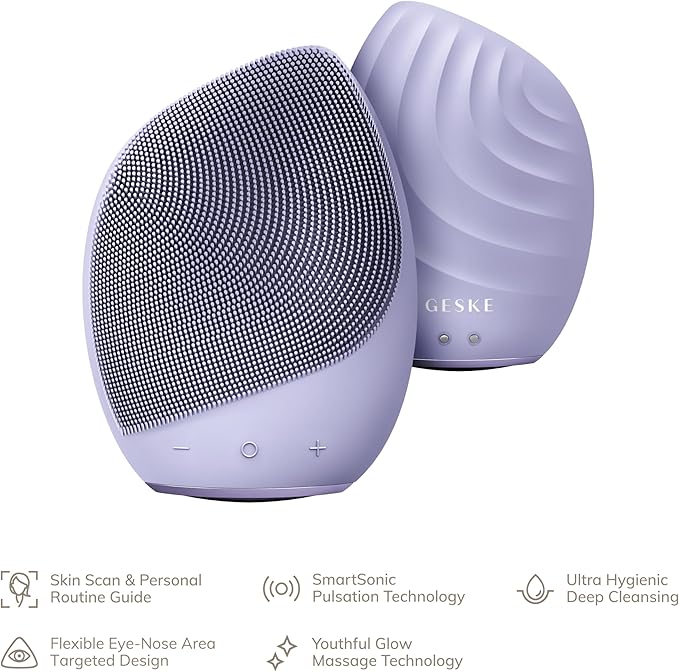 GESKE SmartAppGuided™ Sonic Facial Brush 5 in 1 | Vibrating Electric Facial Cleansing Brush | Soft Silicone Brush | Professional Facial Cleanser | Skin Cleanser & Exfoliator | Face Massager