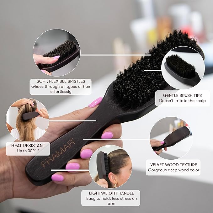 FRAMAR Slick Back Hair Brush Boar Bristles – Slick Back Brush, Smoothing Hair Brush For Women, Boar Bristle Hair Brush For Fine Hair, Slickback Brush For Volume and Shine - Brown Velvet