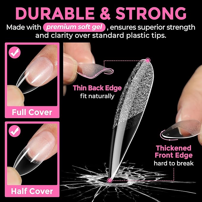 UNA GELLA Almond Nail Tips, 216pcs Pointed Almond Gel Nail Tips Pre-shape Half Matte Full Cover Clear Acrylic Soft Gel Fake Nails for Nail Extension Nail Art 12 Sizes