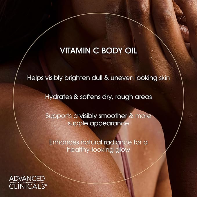 Advanced Clinicals Vitamin C Brightening Body Oil For Women & Men | Vitamin C Glow Oil Skin Care Body Moisturizer With Vitamin E + Botanicals To Help Improve Look Of Dark Spots + Dry Skin, 12 Fl Oz
