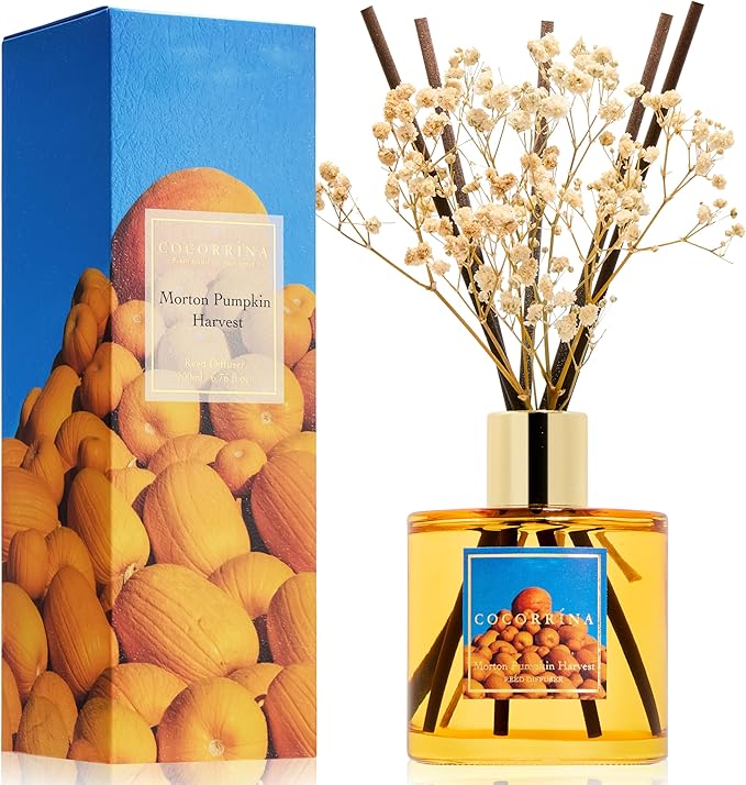 COCORRÍNA Reed Diffuser - Morton Pumpkin Harvest Reed Diffuser Set with 8 Sticks & Preserved Baby's Breath, Reed Diffuser for Home Bathroom Shelf Decor