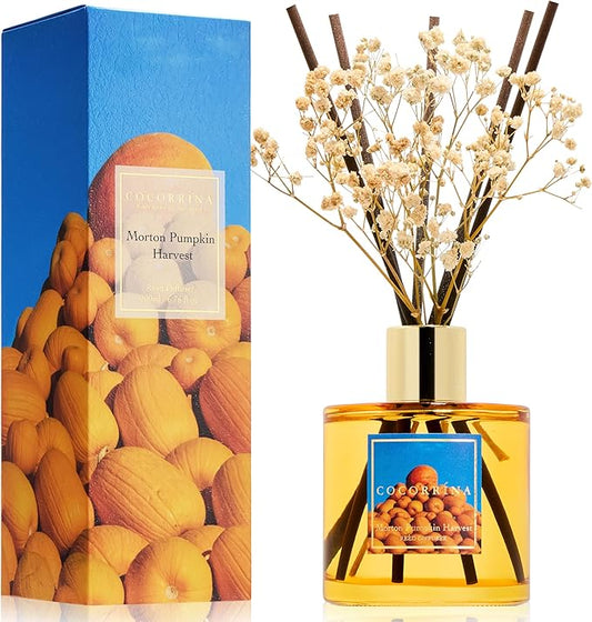 COCORRÍNA Reed Diffuser - Morton Pumpkin Harvest Reed Diffuser Set with 8 Sticks & Preserved Baby's Breath, Reed Diffuser for Home Bathroom Shelf Decor