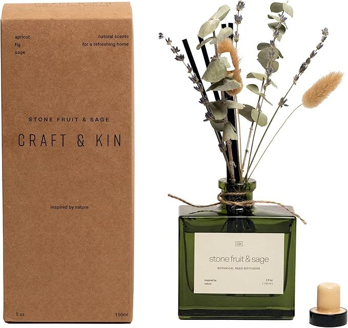 Craft & Kin Christmas Reed Diffuser with Dried Flowers | 5 oz Stone Fruit & Sage Scented Holiday Reed Diffusers for Home, Bathroom | Scent Sticks | Elegant Fragrance Home Decor for Men & Women