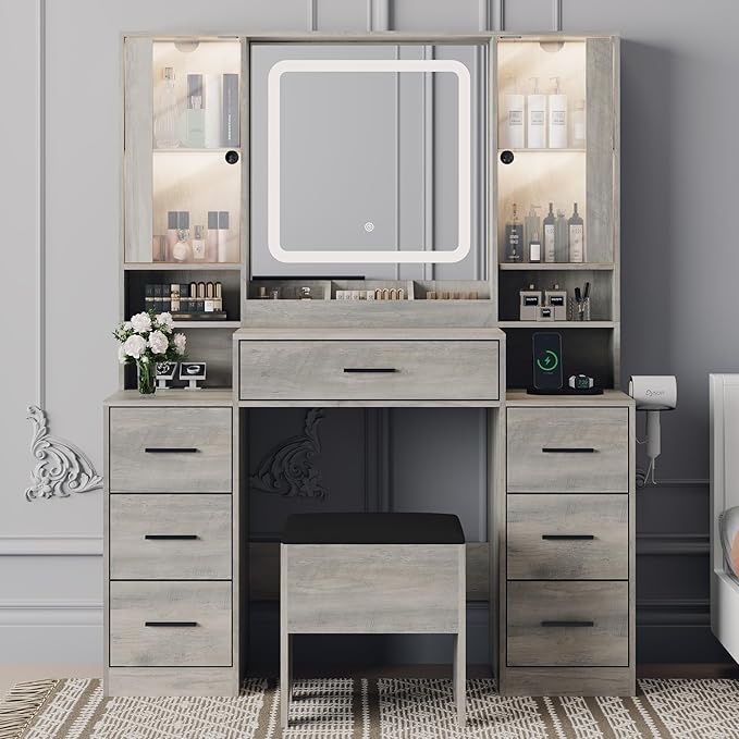 Makeup Vanity with LED Light Strip Mirror and Chair, 7 Drawers & 2 RGB Cabinets Black Vanity Makeup Desk with Power Strip, Adjustable LED Lighting, and Cushioned Stool for Women, Girls, Teens