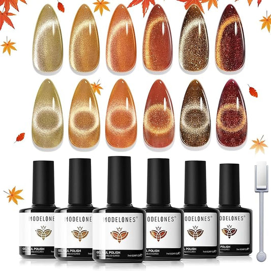 modelones Cat Eye Fall Gel Nail Polish Set 6 Colors Yellow Gold Orange Brown Nude Glitter 9D Cat Eye Gel Polish Maple Gel Polish with Magnet Soak Off Led Nail Art DIY Salon Gifts For Women