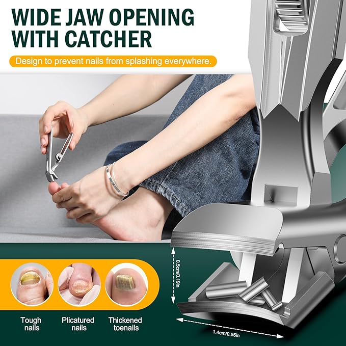 FVION Angled Head Toe Nail Clippers for Thick Nails - Ergonomic Long Handle Toenail Clippers for Seniors with Safety Lock, Stainless Steel Finger Nail Clippers with Catcher for Men and Women (Silver)