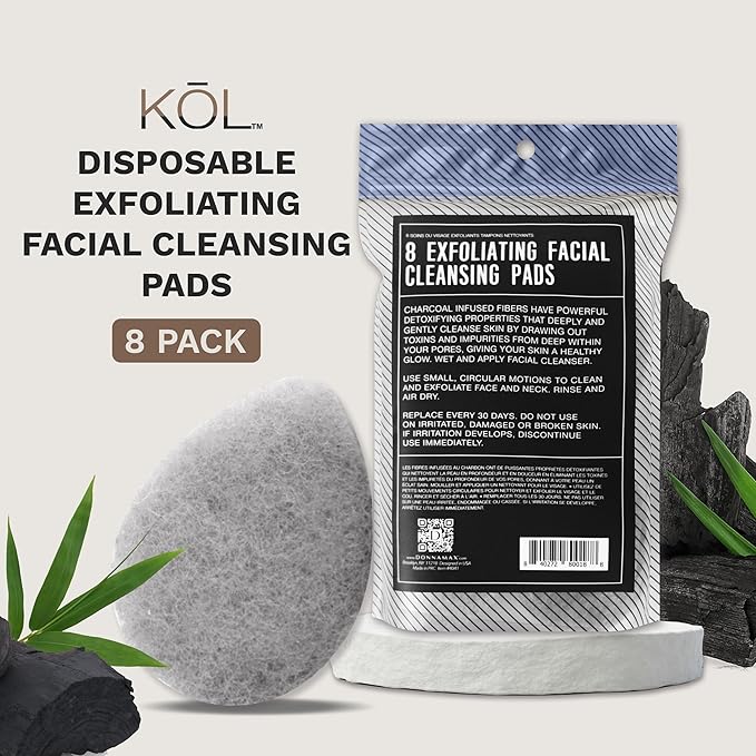 KOL Face Scrubber, Charcoal Infused Exfoliating Facial Cleansing Pads, Disposable Exfoliator Face Sponge for Daily Cleaning and Makeup Removal, 8 Count