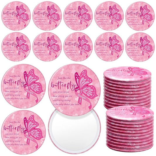 Pinkunn 50 Pcs Breast Cancer Awareness Gifts for Woman Bulk Inspirational Breast Cancer Survivor Gifts Compact Mirrors Pink Ribbon Motivational Mini Pocket Travel Makeup Mirrors (Butterfly)