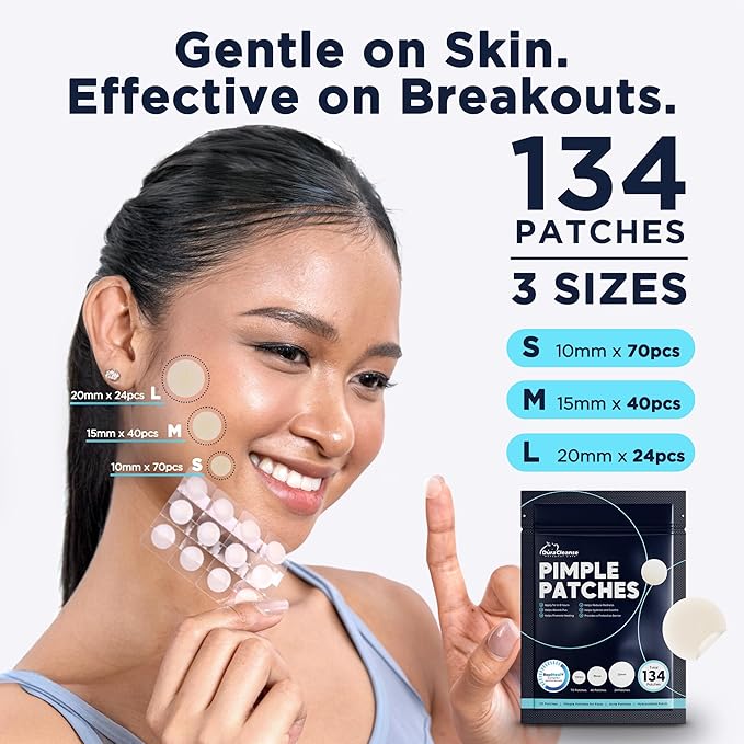 Pimple Patches for Face - 134 Count Hydrocolloid Acne Patches - Zit, Blemish, Cystic Acne Dots & Dark Spot Treatment - Invisible Clear Pimple Patch Stickers for Forehead, Chin, Nose, 3 Sizes (S, M, L)