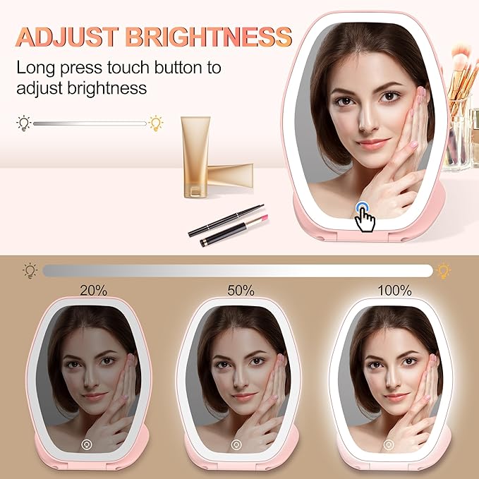 Travel Makeup Mirror with Light: 3 Color Lighting Portable Mirror with Touch Screen Rechargeable Adjustable LED Lights Hexagon Vanity Mirror for Travel, Desk, Home (Pink)