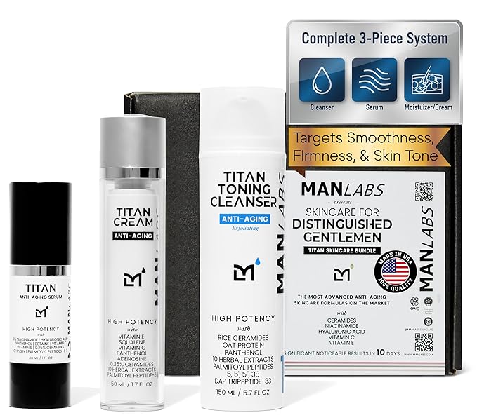 Titan Anti-Aging Mens Skin Care Kit – Cleanser, Face Serum for Men, Face Moisturizer – Skin Care for Men – Dark Spots, Wrinkles, Fine Lines – Vitamin C, Niacinamide, Ceramides, HA – Unscented