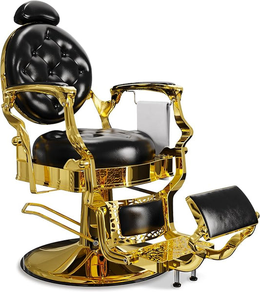 Baasha Vintage Reclining Barber Chair with Adjustable Headrest, Heavy-Duty Metal Frame & Cushion Support, Gold Trim Salon Chair, 550 lbs Capacity