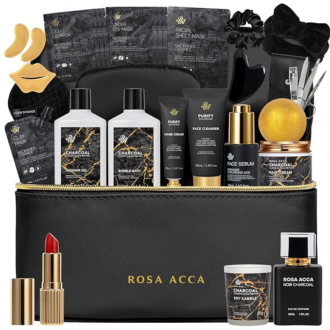 25 Pcs Bath & Body Gift Set for Women, Charcoal Skin Care Kit, Spa Gift Basket, Self Care, Cosmetic Bag, Serum, Necklace, Perfume, Eye Mask, Present, Christmas, Valentine's, Birthday, Mother's Day