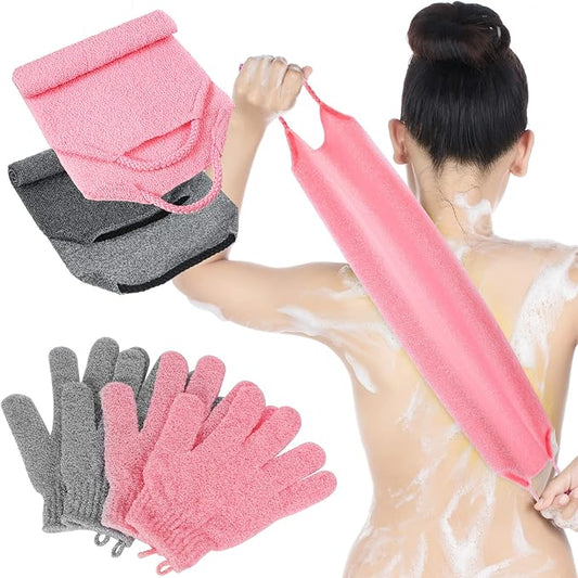 4 Pack Exfoliating Washcloth Back Scrubber Set, 2 Exfoliating Body Scrubber Nylon Back Body Scrub Towel, 2 Pairs Shower Gloves for Women Men Bath Shower Exfoliation(Pink, Gray)