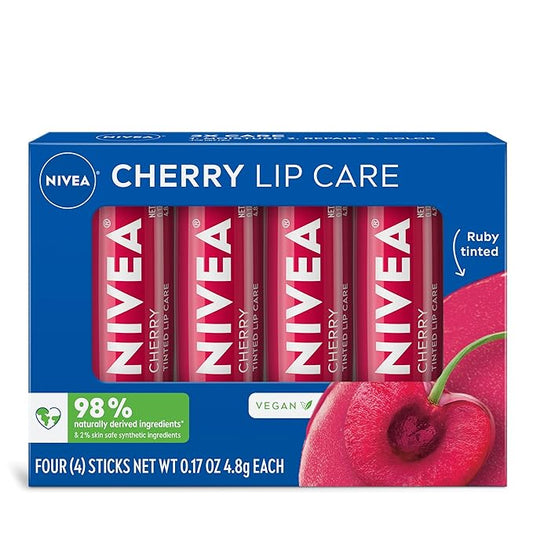 NIVEA Cherry Lip Care, Tinted Lip Balm Pack with Shea Butter, Nourishing Oils and Vitamin C & E, 3-in-1 Moisture, Repair and Color, 0.17 Oz Stick, Pack of 4